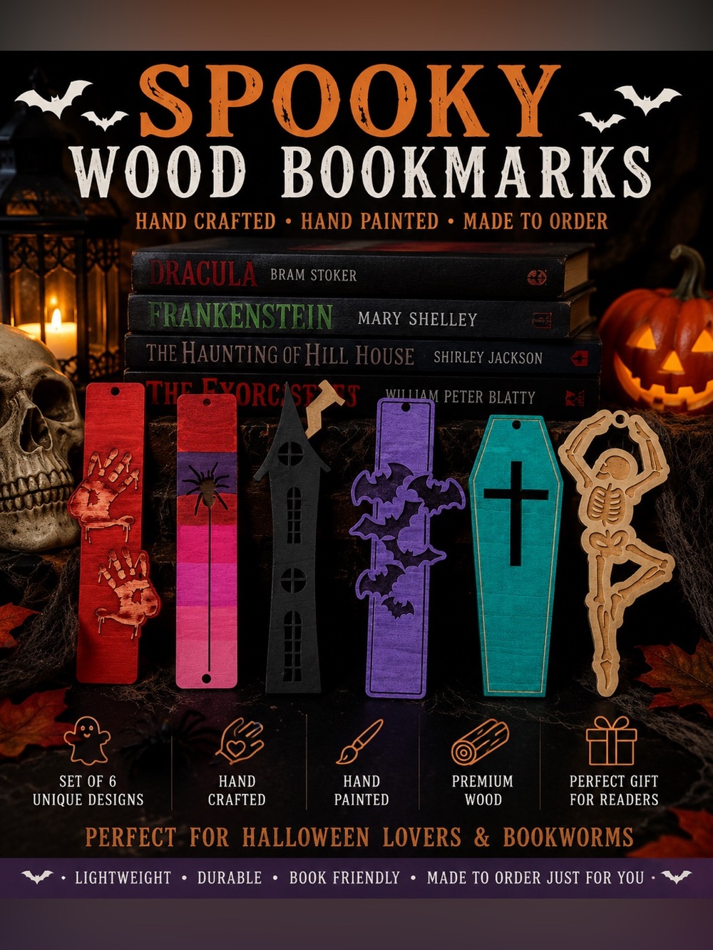 Set of 6 Handcrafted hand painted Spooky Wood Bookmarks made to order - Picture 2 of 5